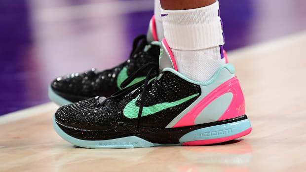 Los Angeles Lakers guard Malik Monk wears the Nike Kobe 6 Protro against the Denver Nuggets on April 3, 2022.